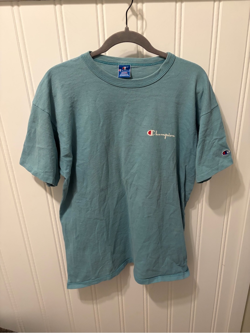 Vintage 90s Champion Script Logo T-Shirt Teal Aqua Made In USA Single Stitch XL